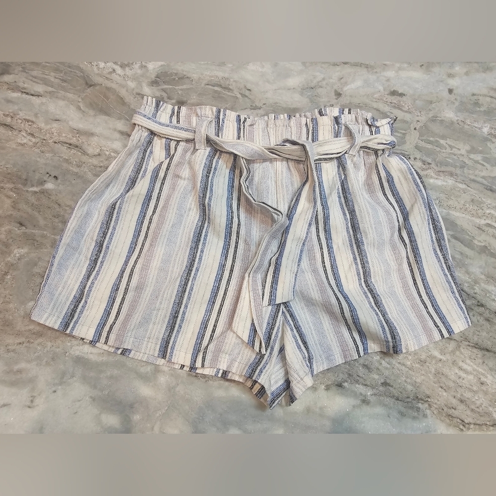 Bebop Linen Blend Striped Paperbag Waist Shorts Tie Belt Size XL
